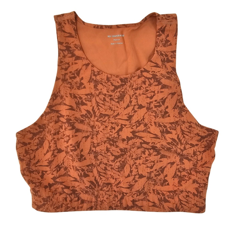 REI Co-op Womens Medium Terracotta Orange‎ Leaf Print High Neck Active Crop Top